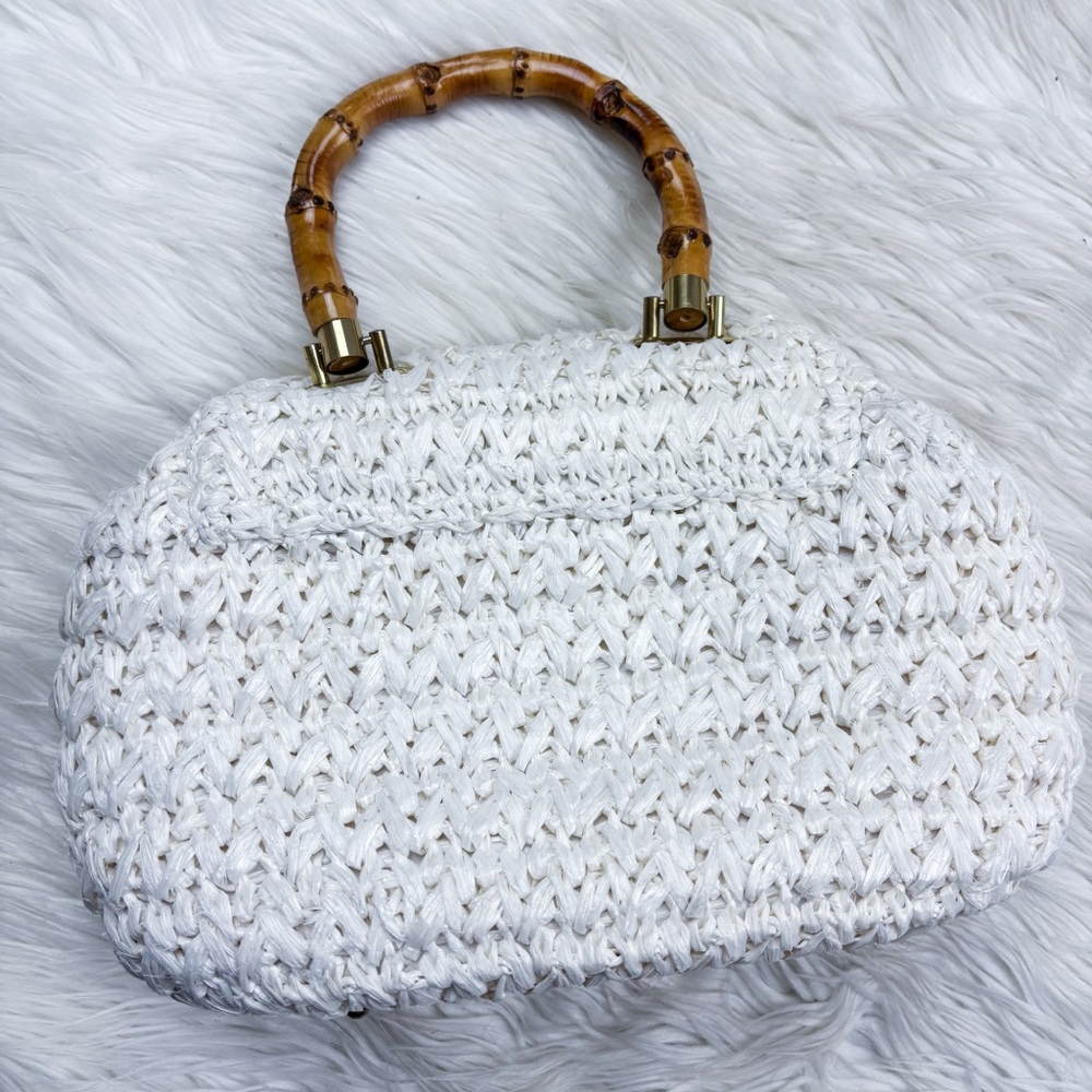 Vintage 60s Straw Woven Bamboo Handle Satchel Purse Bag White Cottagecore Resort - Picture 7 of 10